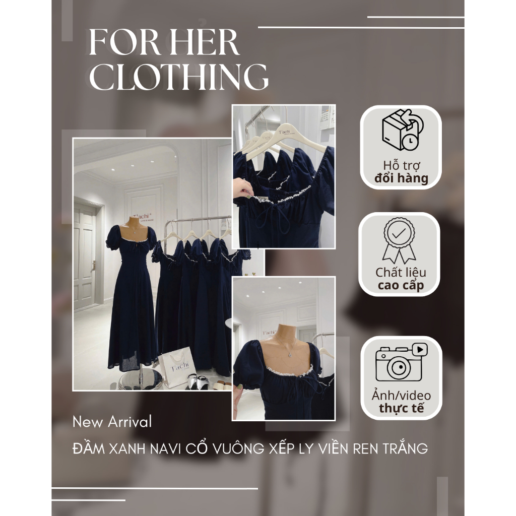 Đầm xanh navy cổ vuông xếp ly viền ren trắng FOR HER CLOTHING