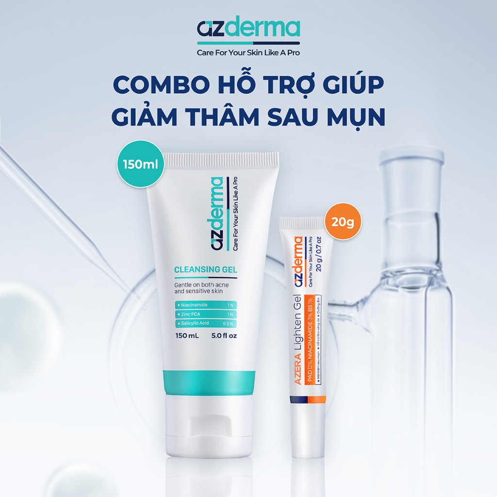 [Azderma] Combo hỗ trợ giúp giảm thâm sau mụn Cleansing Gel Azderma 150mL - Azera Lighten Gel Azderm