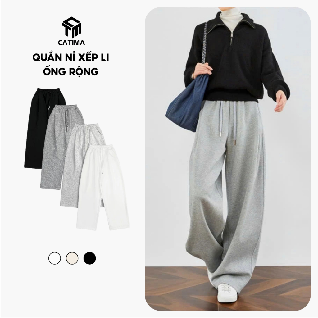 Quần Nỉ Xếp Li Ống Rộng CATIMA Relaxed Fit Felt Pants Unisex Nam Nữ  -  Cạp Chun Co Giãn - QN26
