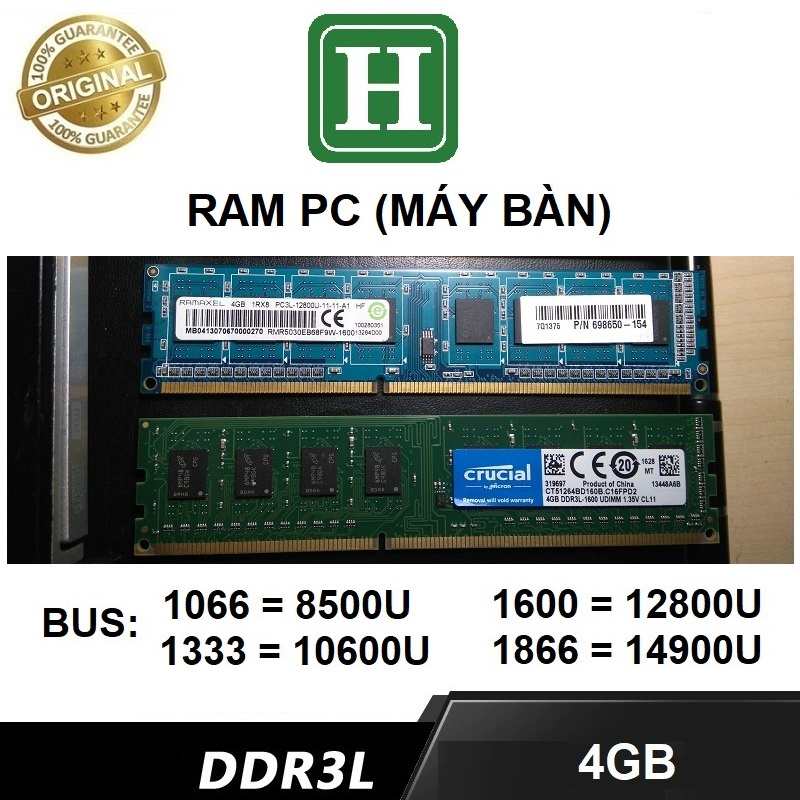 Ram PC DDR3L (PC3L) 4Gb bus 1600 - 12800U, ram zin máy đồng bộ siêu bên và ổn định, bảo hành 6 tháng