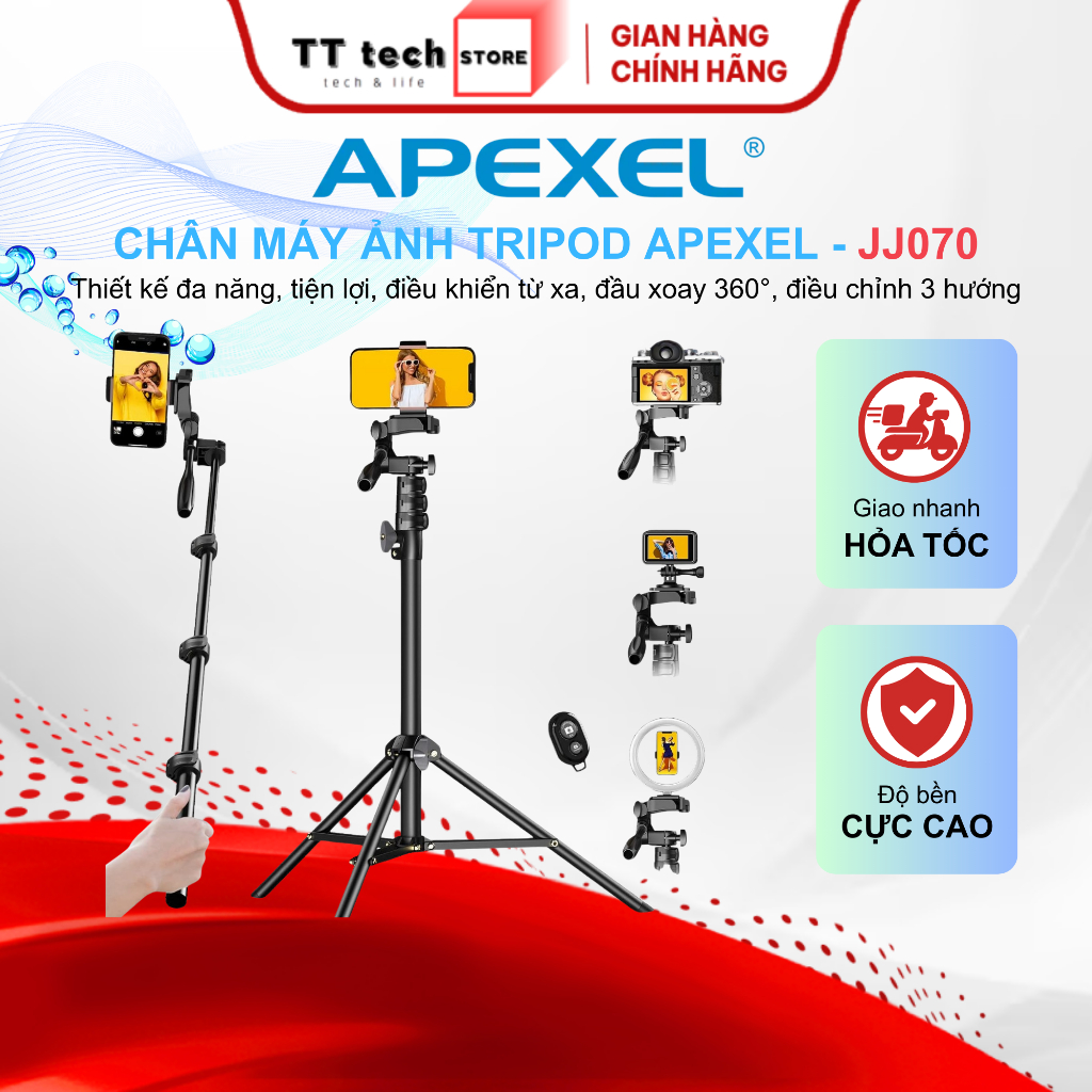 Chân Máy Ảnh Tripod Điện thoại Apexel APL-JJ070 Thiết Kế Chắc Chắn, Nhẹ, Xoay 360°, Điều Chỉnh 3 Hướ