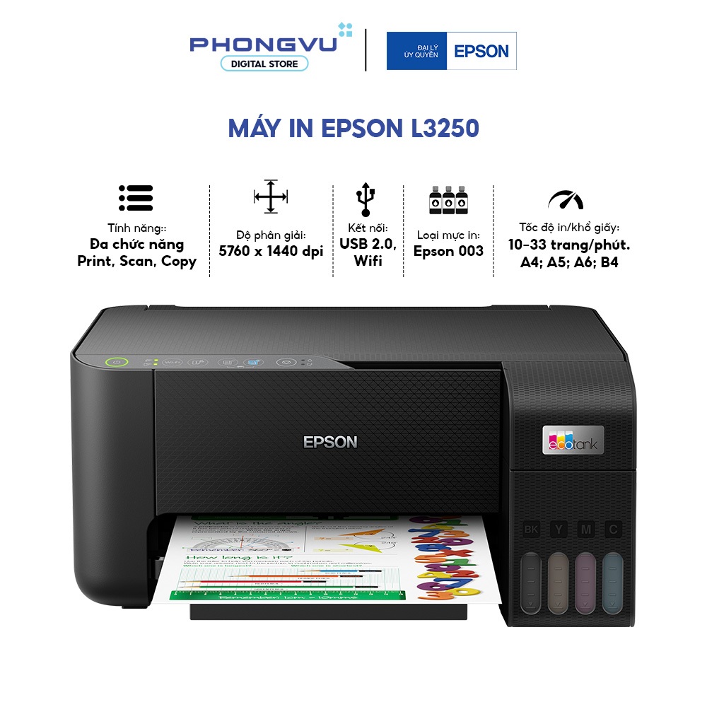 Máy In Epson EcoTank L3250 / L3350 A4 - In Scan Copy, Wi-Fi, 5760 x 1440 DPI - BH 24 Tháng