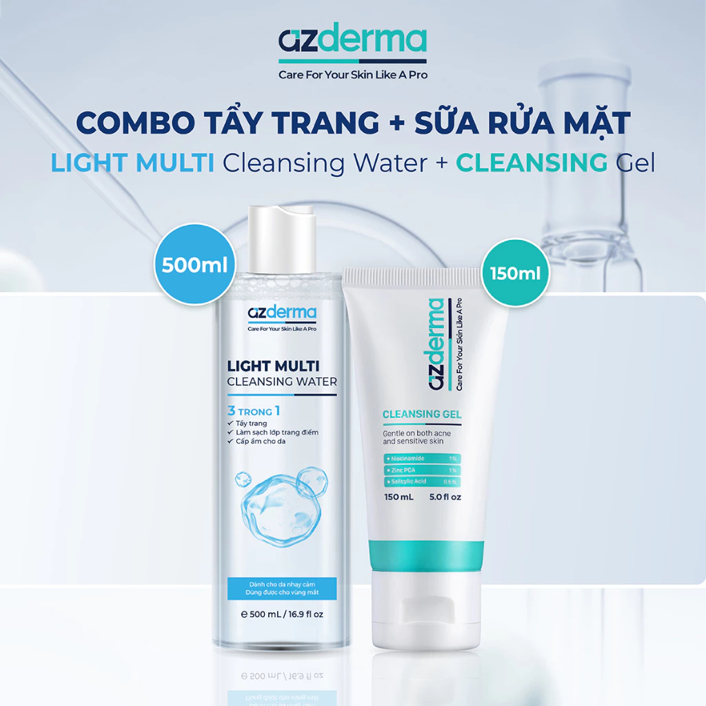 [Azderma] COMBO Nước Tẩy Trang Light Multi Cleansing Water 500ml & Gel Rửa Mặt Cleansing Gel 150ml