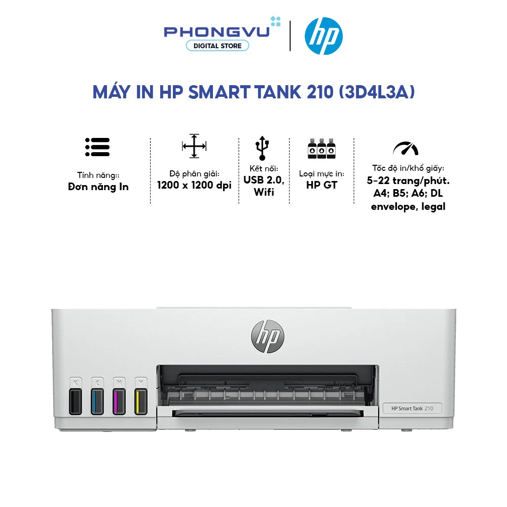 Máy In HP Smart Tank 210 (3D4L3A) – In Phun Màu – Mực Liên Tục – Tiết Kiệm Mực – Chính Hãng – Bảo Hà