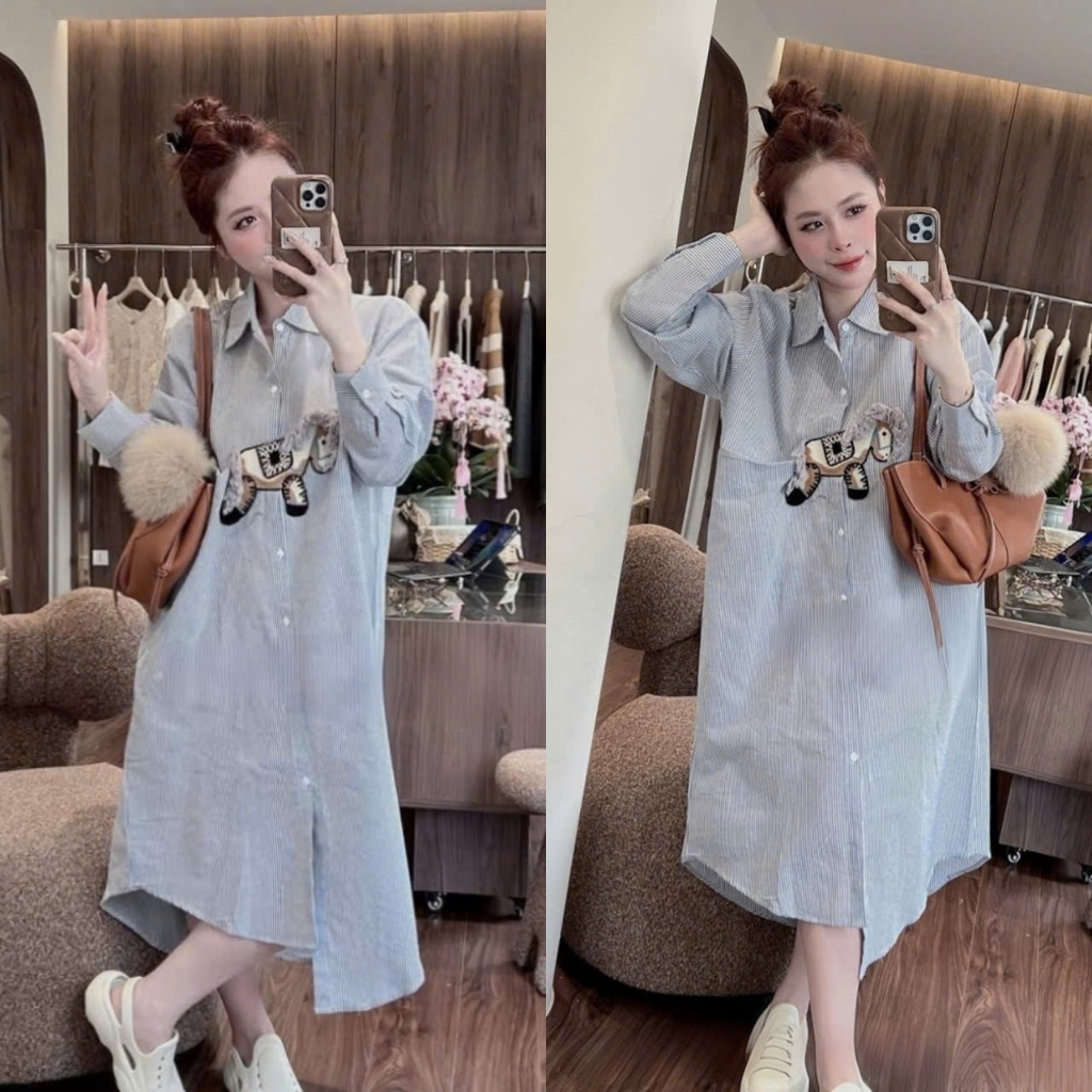 (Váy Nữ Xinh): Váy Sơ Mi Kẻ Xanh Vạt Lệch Xuông Dài Thêu Ngựa Xù Bầu Bí Bon Chen-Ảnh Thật Lollaye