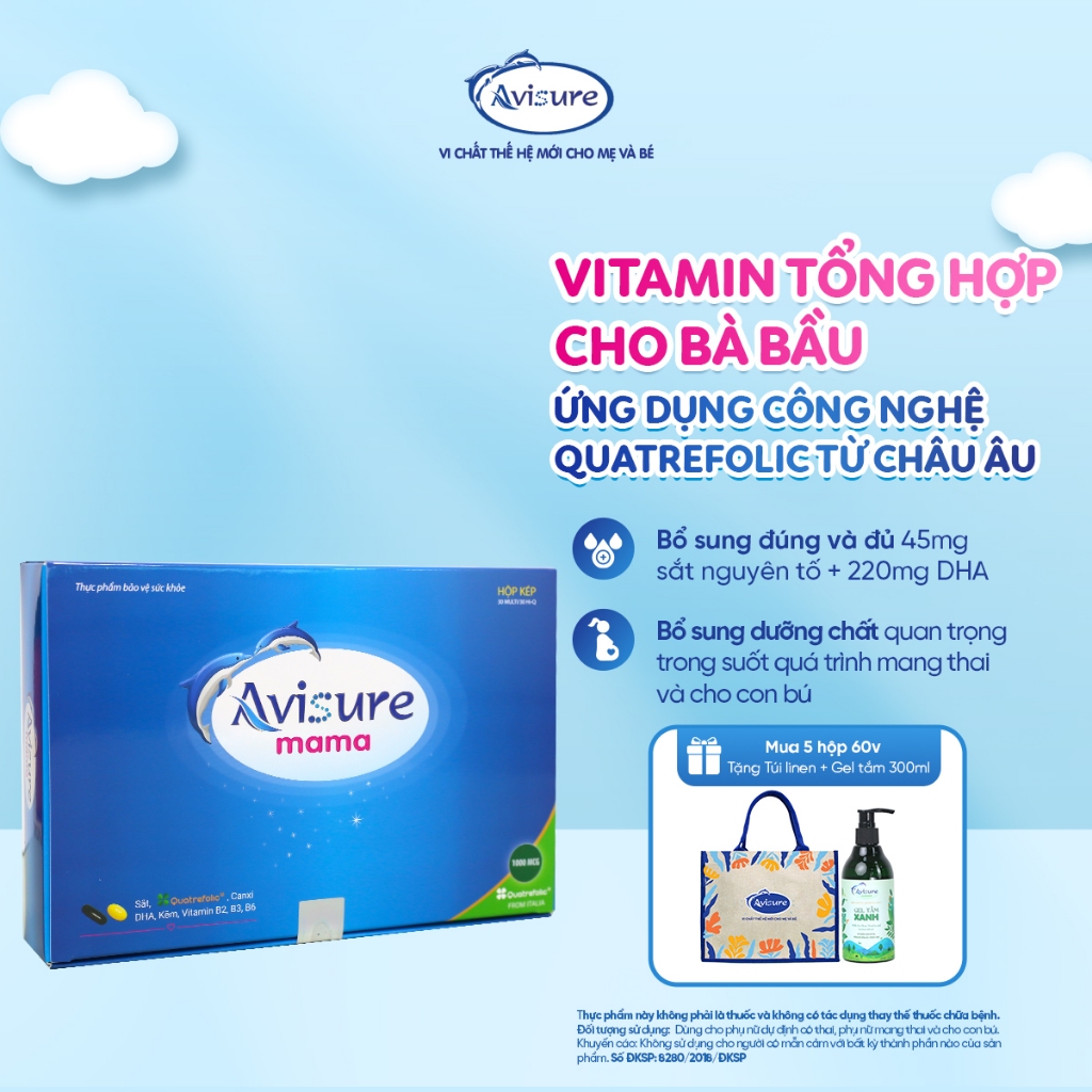 TPBVSK Avisure Mama Vitamin Tổng Hợp Cho Bà Bầu, Sau Sinh Cung Cấp Quatrefolic Từ Châu Âu Hộp 60v