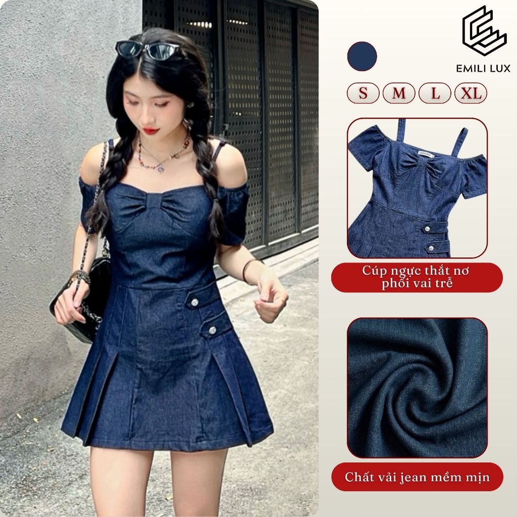 Váy denim trễ vai dáng ngắn EMILI Design váy bò đi tiệc, đi chơi sang chảnh T1243