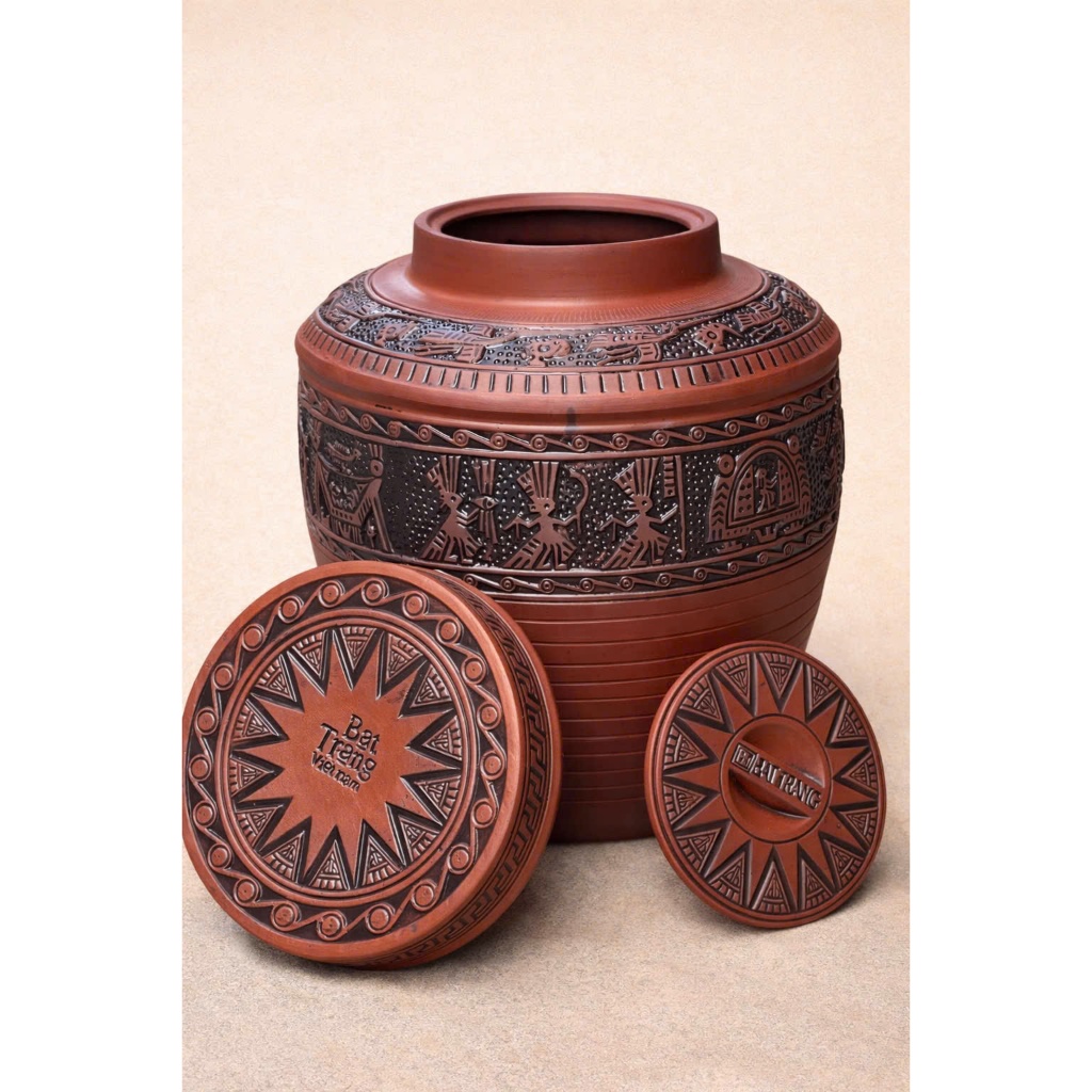 Chum sành ngâm rượu hoạ tiết trống đồng KHÔNG TRÁNG MEN 2 NẮP dung tích 10L-20L-30L-40L-50L
