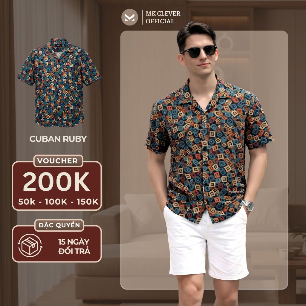 Áo sơ mi nam họa tiết Ruby MK CLEVER Vải Lụa Satin thoáng mát, thấm hút, mềm mịn, form thoải mái