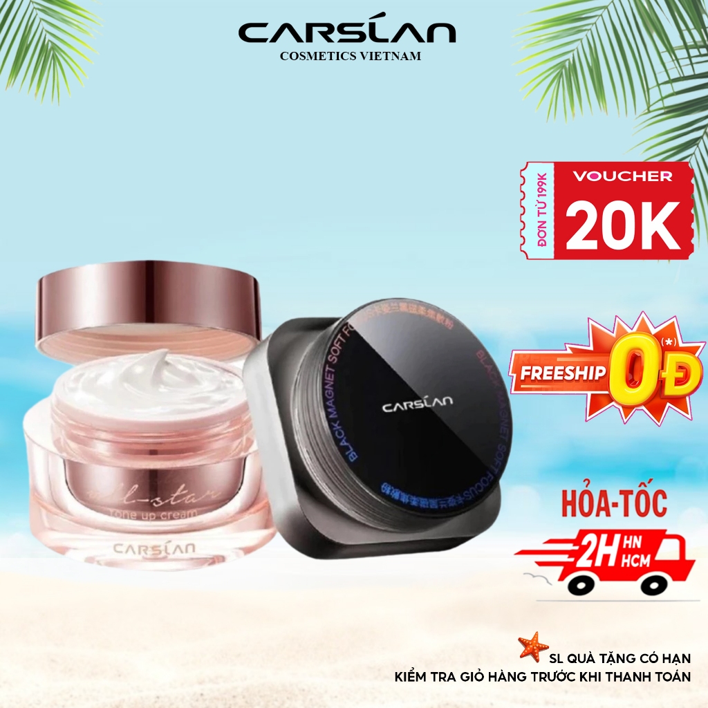 Combo kem lười Carslan nền nhanh – mịn + phấn phủ Carslan kiềm dầu, khóa nền bền màu 2025