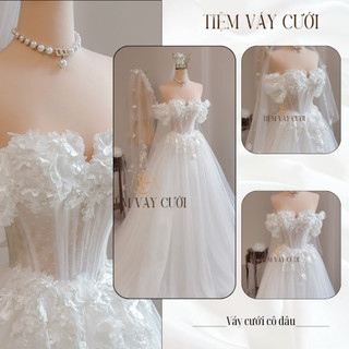 Váy Cưới Đi Bàn, Váy Cưới Cô Dâu, Đầm Cưới Cao Cấp, Bệt Vai Ngang, Hoa 3D, TVC497