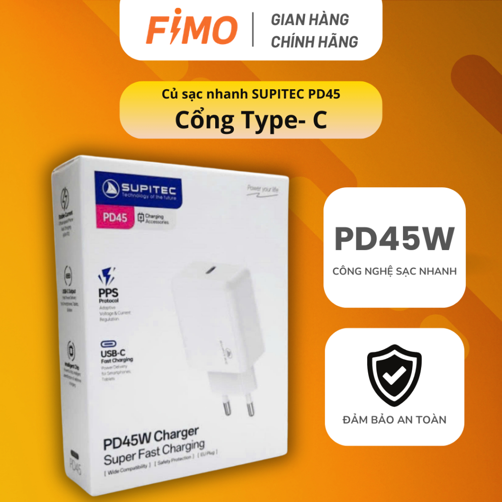 [Hỏa tốc] Củ sạc nhanh 45W SUPITEC PD45 chuẩn PPS/PD | Sạc siêu nhanh | Chính hãng FIMO STORE