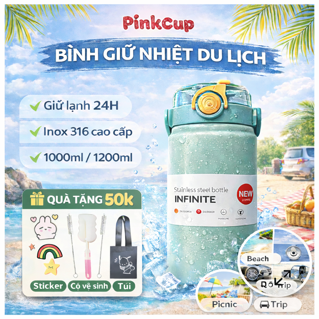 Bình Giữ Nhiệt Du Lịch Inox 316 1000ml/1200ml/2000ml, Bình Nước Mang Đi Chơi Picnic Có Ống Hút, Giữ Nhiệt 24h Pinkcups | BigBuy360 - bigbuy360.vn