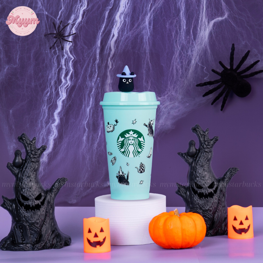 [𝐀𝐮𝐭𝐡𝐞𝐧𝐭𝐢𝐜] LY REUSABLE 16OZ (473ML) STARBUCKS PHÁT QUANG HAUNTED COFFEE HOUSE W/ TOPPER
