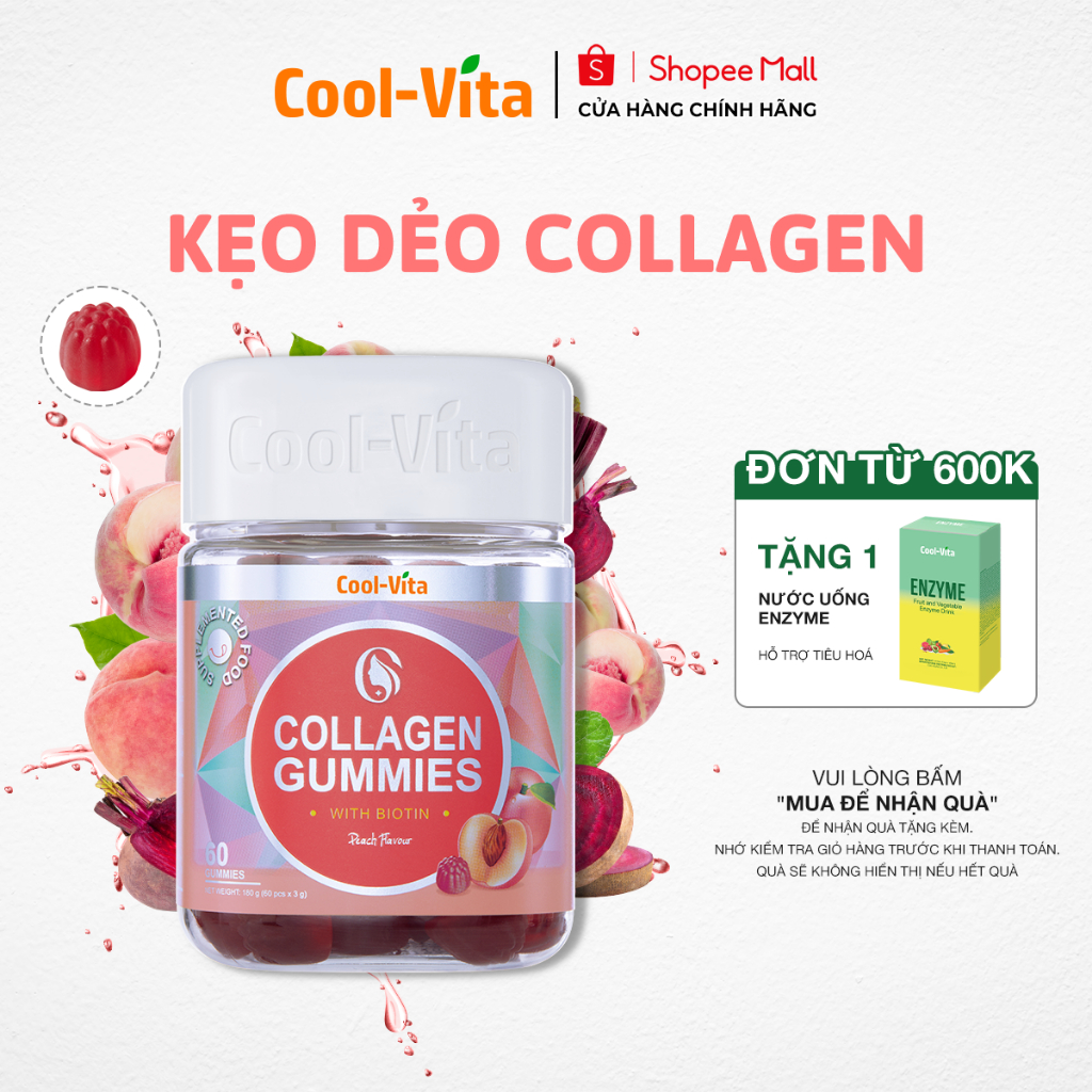 [DATE 1/5/2026] Kẹo Dẻo Collagen Hỗ Trợ Trẻ Hóa Sáng Da & Dưỡng Tóc Móng Vị Đào Kết Hợp Biotin Coolvita (60 viên x 3g)