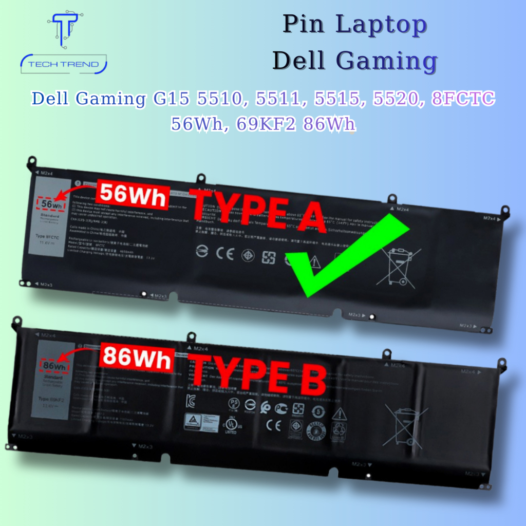 Pin laptop Dell Gaming G15 5510, 5511, 5515, 5520, 8FCTC 56Wh, 69KF2 86Wh Zin New