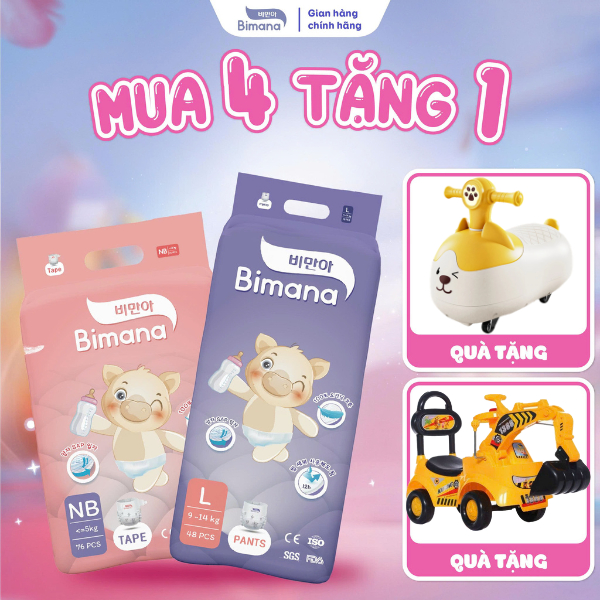 4B -[TẶNG XE CHÒI TO] - Tã Bỉm Dán/ Quần BIMANA HÀN QUỐC mỏng thoáng, thấm hút vượt trội đủ size