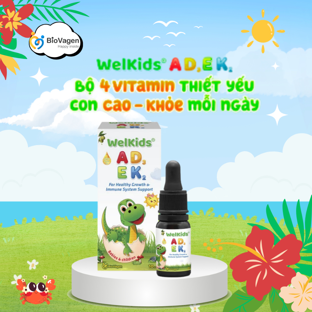 Vitamin WelKids ADEK bổ sung D3K2 kết hợp Vitamin A, E giúp bé phát triển chiều cao, nâng cao đề khá