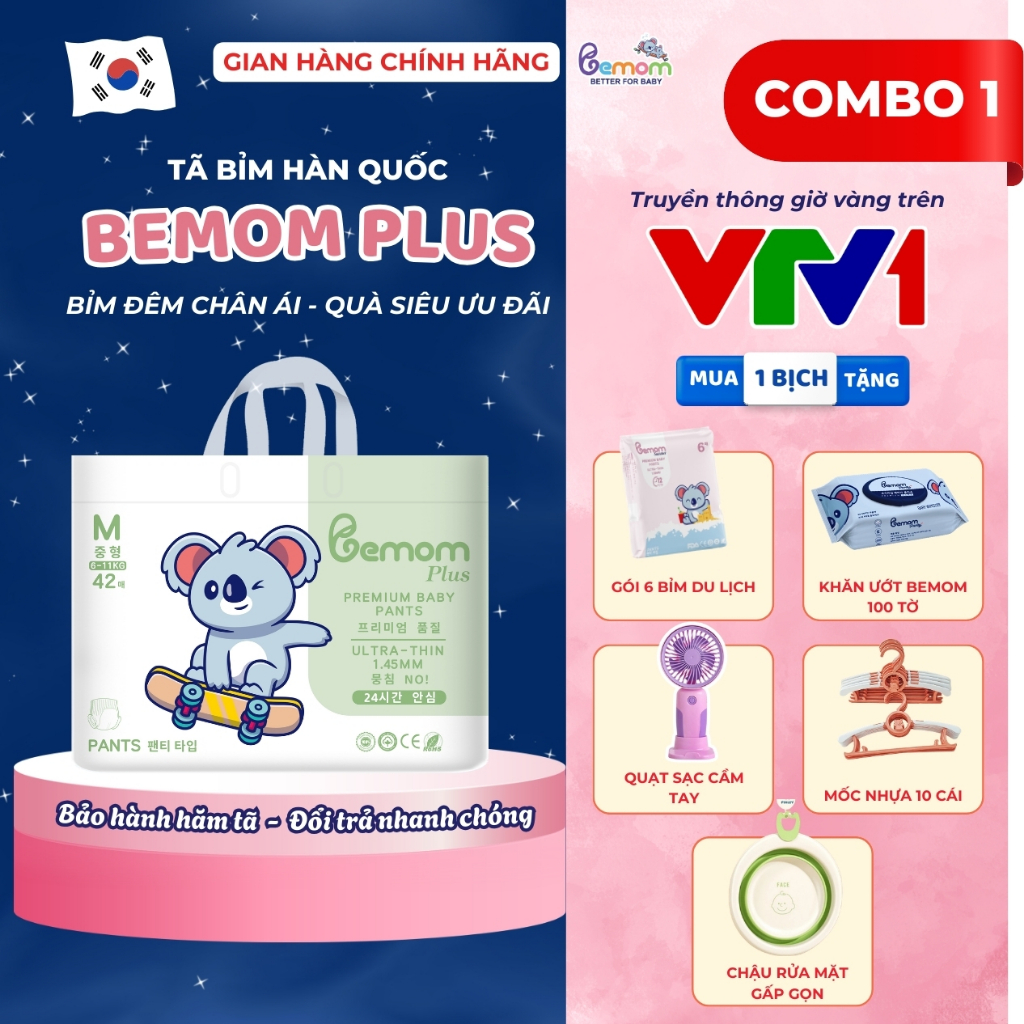 [Kèm Quà] Tã/Bỉm Hàn Quốc Dán Và Quần Bemom PLUS Chuyên Bỉm Đêm, Chống Trào 12h NB-4XL Từ 3-30kg