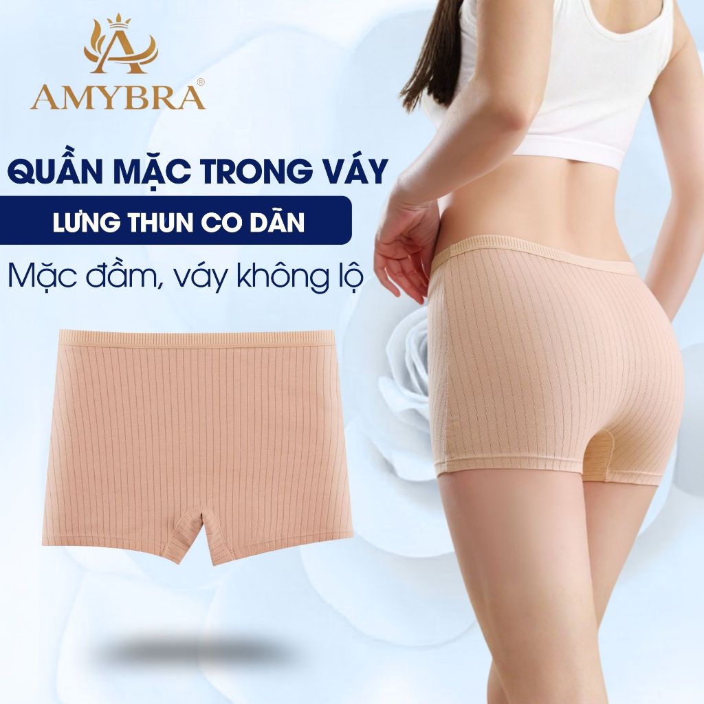 Quần mặc trong váy Quần boxer nữ cotton gân mềm mại, Quần chIp nữ dáng đùi chống lộ AMYBRA V4116