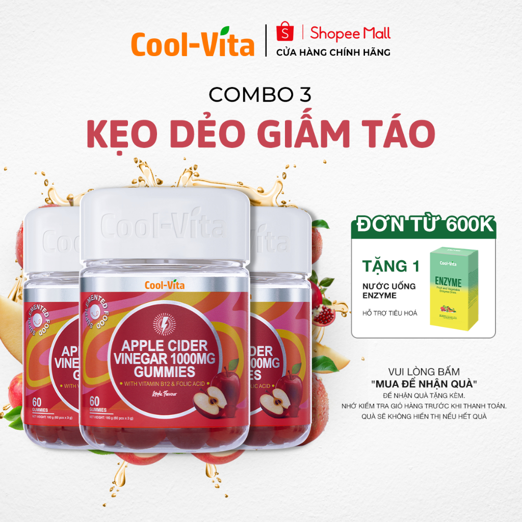 Combo 3 Hộp Kẹo Dẻo Giấm Táo Hỗ Trợ Tiêu Hóa, Tăng Cường Miễn Dịch Apple Cider Vinegar Gummy Coolvita (60 viên x 3g)/hộp