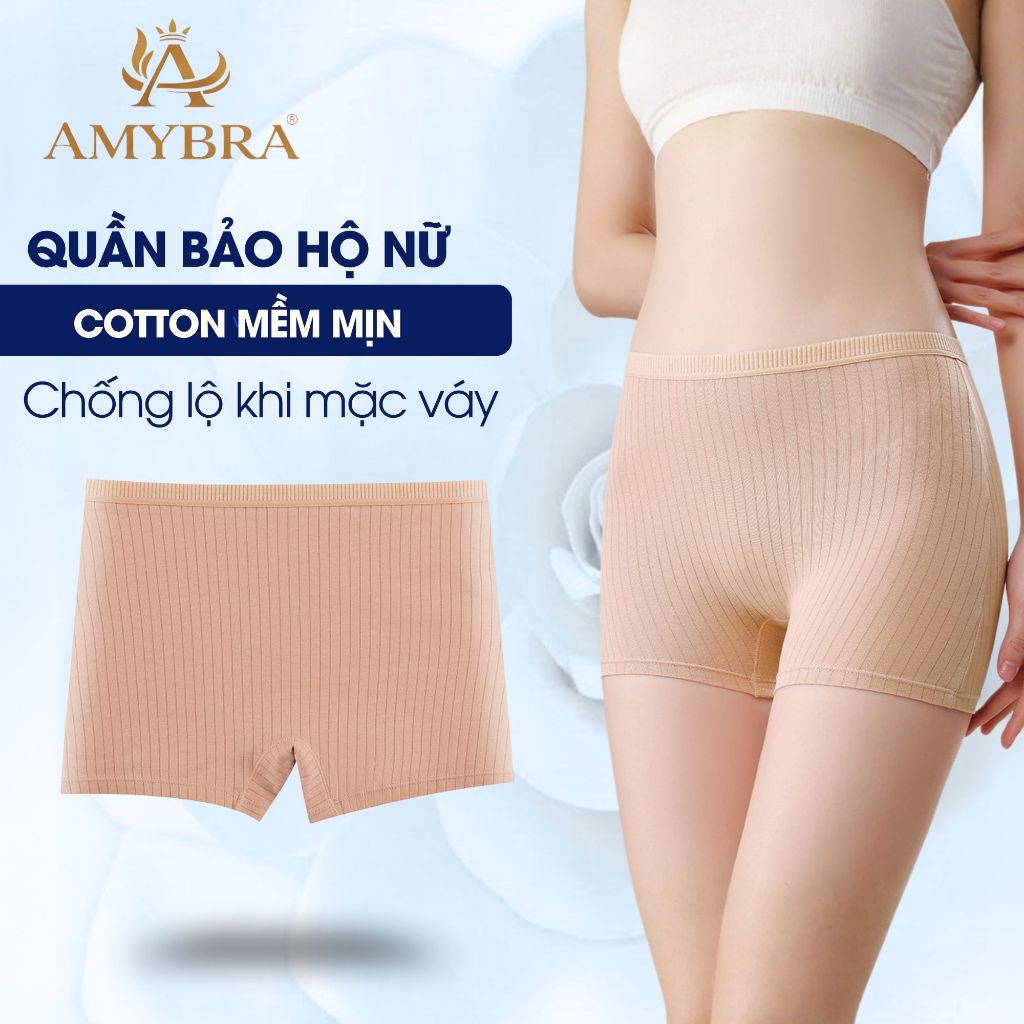 Quần mặc váy cotton gân mềm mại lưng thun co dãn, Quần bảo hộ nữ mặc trong váy chống lộ AMYBRA V4116