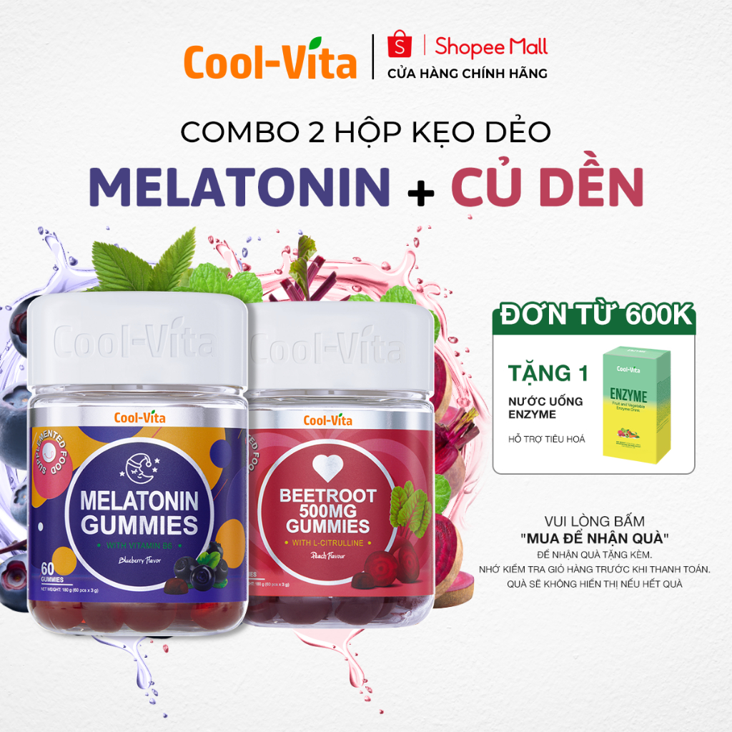 Combo Kẹo Dẻo Melatonin & [DATE 1/5/2026] Kẹo Dẻo Củ Dền Thuần Chay Coolvita - Cải Thiện Giấc Ngủ (60 viên x 3g)/hộp