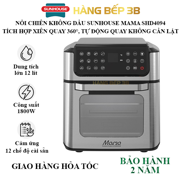 Nồi chiên không dầu Sunhouse SHD4088, SHD4094 dung tích lớn 12 lít, 1800W - Bảo hành 12 tháng