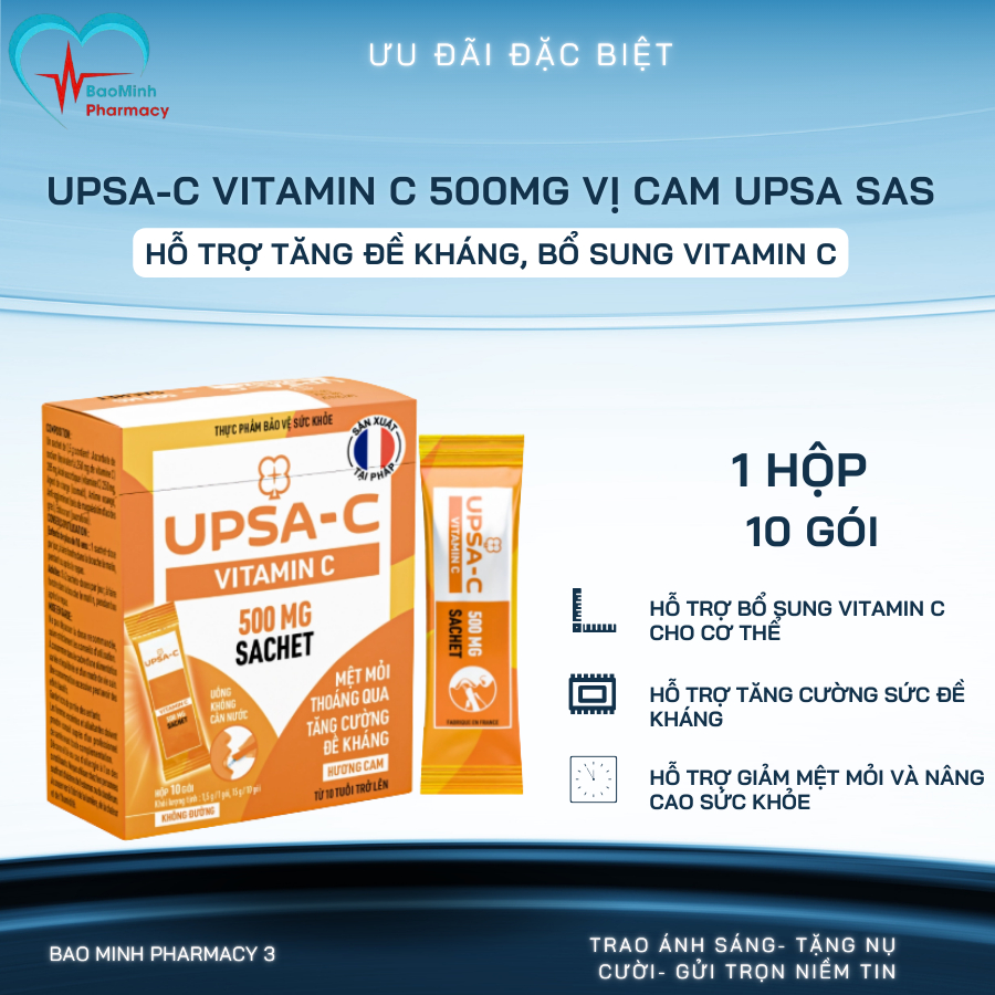 UPSA-C Vitamin C 500mg Vị Cam UPSA SAS Hộp 10 Gói – Hỗ Trợ Tăng Đề Kháng, Bổ Sung Vitamin C