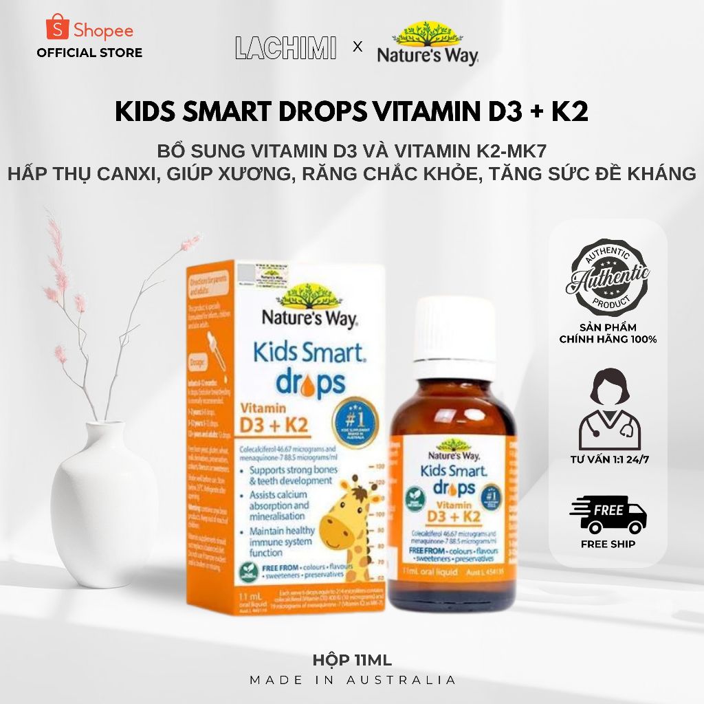 D3K2 Nature's Way Kids Smart Drops Vitamin D3 + K2 tăng cường hấp thụ canxi, tăng đề kháng Lachimi