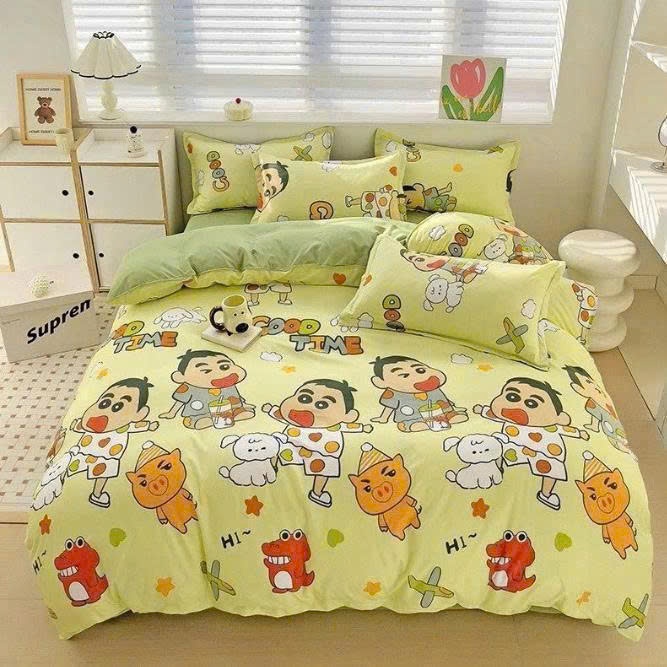 Bộ Chăn Phao Ga Gối 4 Món Cotton Poly - Ga Chun Bọc Đệm 2-10cm Mềm Mịn, Mẫu Shin Vàng