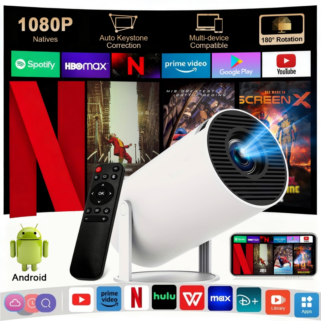 FEINODI Máy chiếu mini di động chạy hệ điều hành Android 11, hỗ trợ xoay 180°, kết nối WiFi và màn hình 4K siêu nét