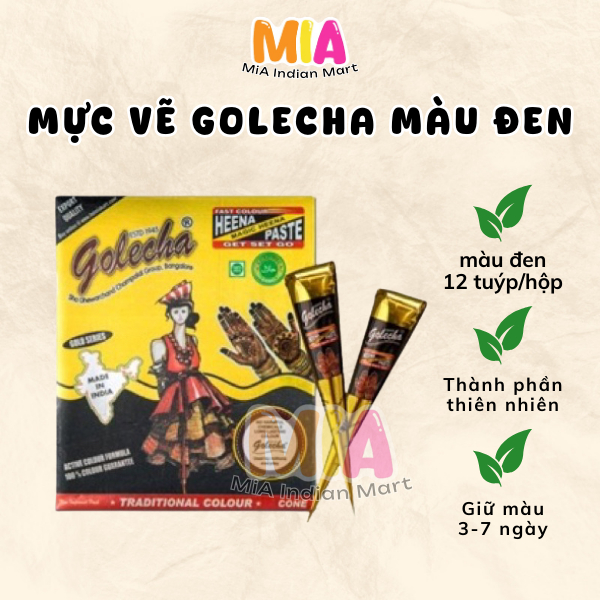 Mực Vẽ Hình Xăm Henna Golecha Hena Ấn Độ Màu Đen, Golecha Black Special Henna Cone