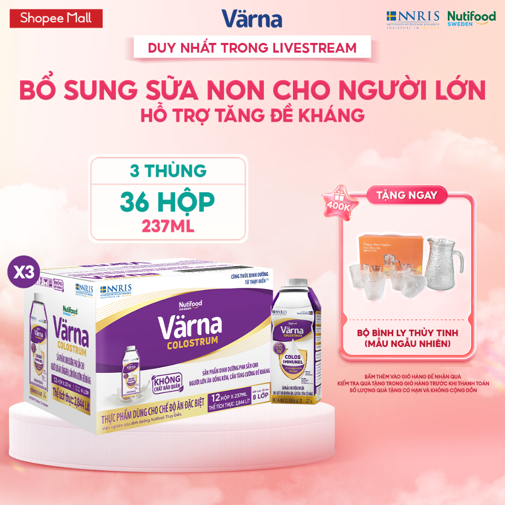 [LIVESTREAM PEWPEW] Combo 3 Thùng 12 hộp sữa bột pha sẵn Varna Colostrum (36 hộp giấy x 237ml)