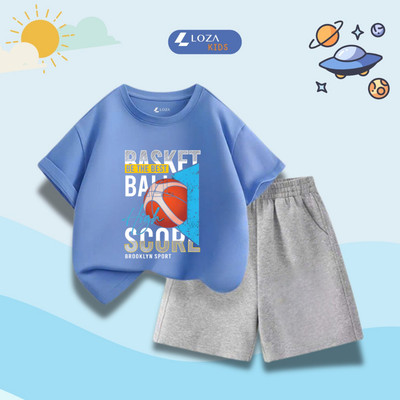 Set đồ bé trai (áo thun+quần đùi) cotton in hình BASKETBALL  - Đồ bộ bé trai Loza cho bé cân nặng từ 15-45kg- SB604