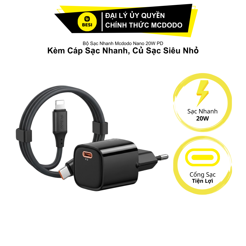 Bộ Sạc Nhanh Mcdodo Nano 20W PD | Kèm Cáp Sạc Nhanh, Củ Sạc Siêu Nhỏ