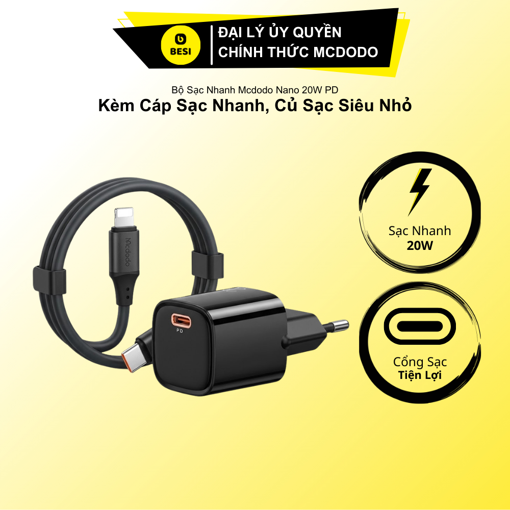 Bộ Sạc Nhanh Mcdodo Nano 20W PD | Kèm Cáp Sạc Nhanh, Củ Sạc Siêu Nhỏ