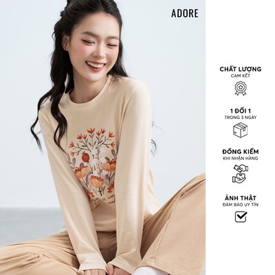 [ ADORE ] Set home thun dài in hoa 2 màu hồng cam và kem 512HO6001