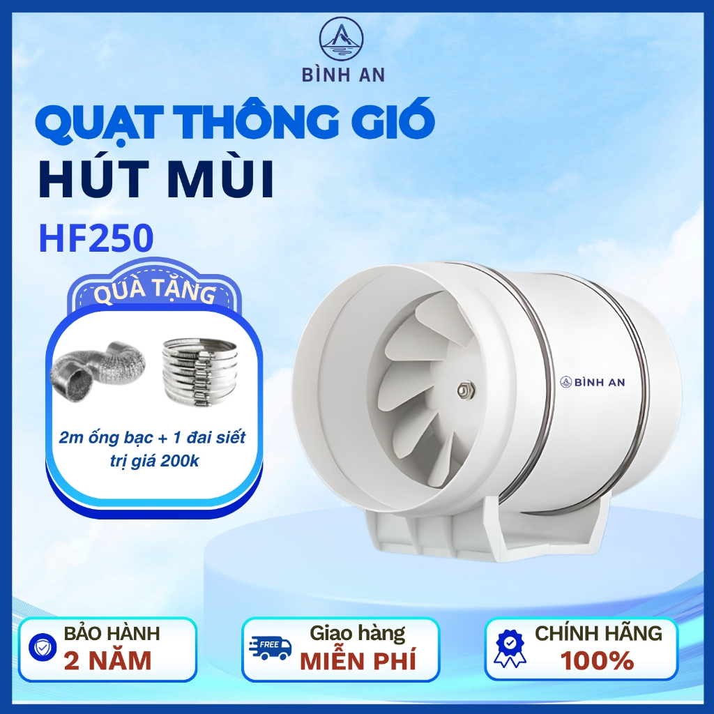 Máy thông gió hút mùi BÌNH AN HF250 - Công suất 222W quạt hút khói nhà bếp công suất mạnh, tiết kiệm