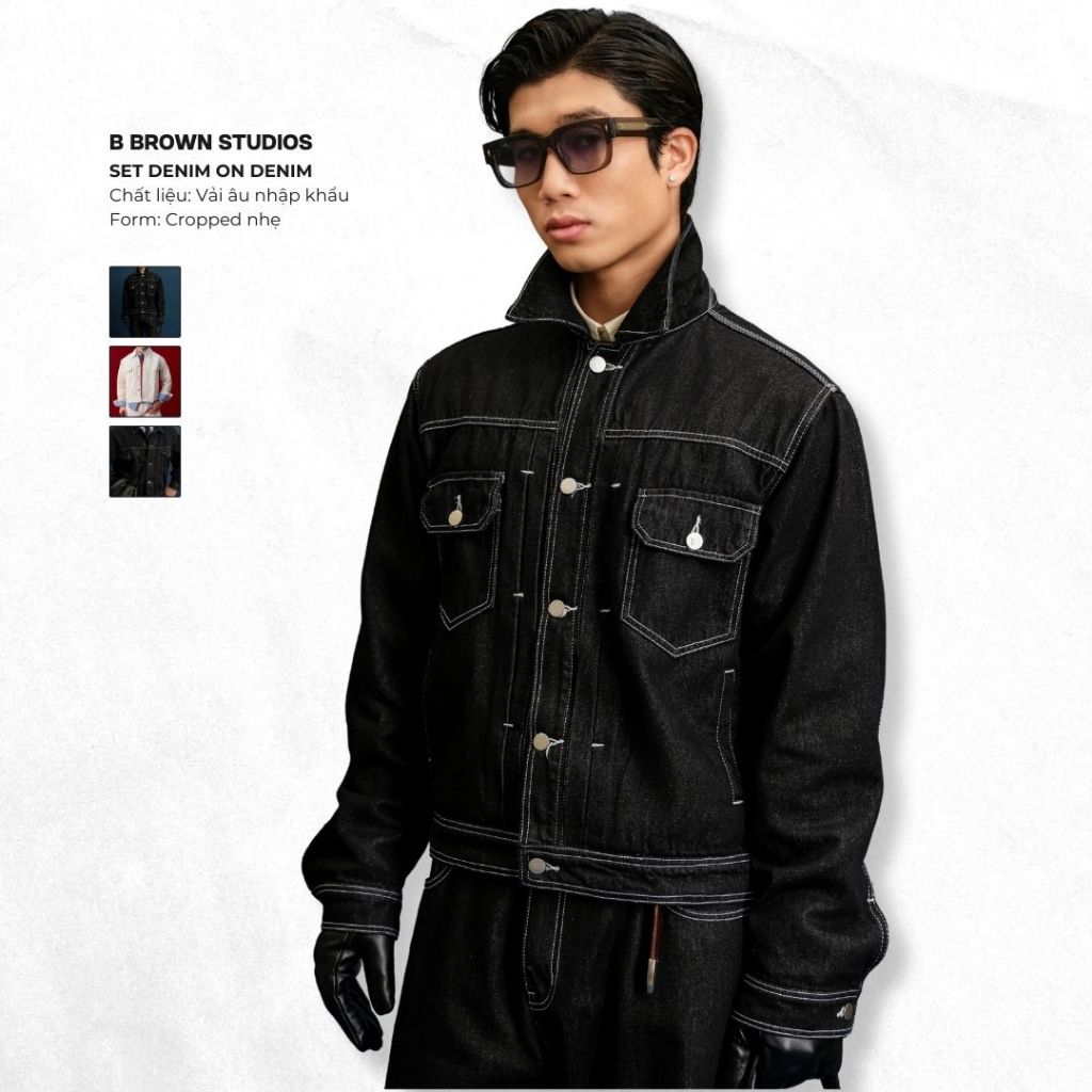 Set Áo Khoác Denim Form Crop Kèm Quần Jeans Form Rộng - Denim On Denim B Brown MARCELO Cropped Denim