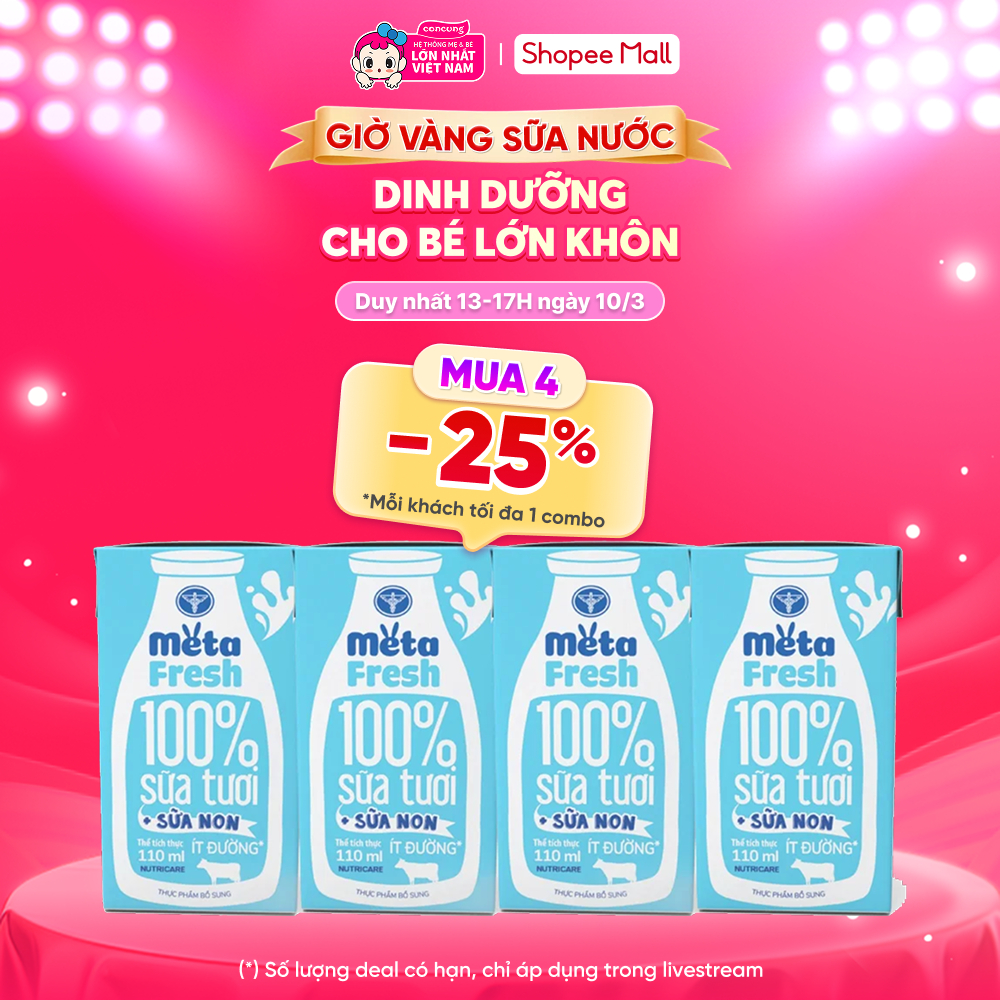 Sữa tươi ít đường bổ sung sữa non Metafresh 110ml, lốc 4 hộp