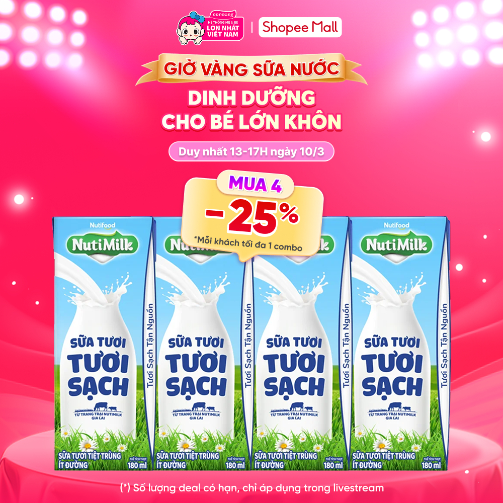Sữa tươi sạch tiệt trùng Nutimilk, ít đường, 180ml (lốc 4 hộp)