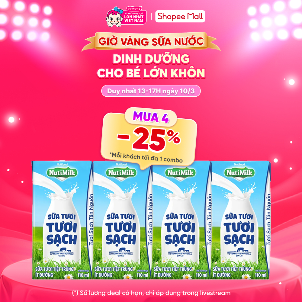 Sữa tươi sạch tiệt trùng Nutimilk, ít đường, 110ml (lốc 4 hộp)