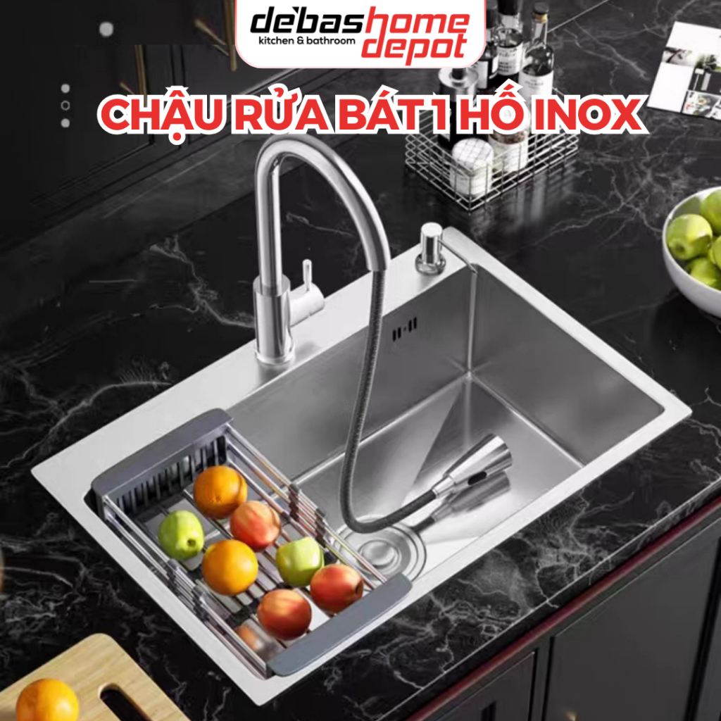 Chậu rửa bát 1 hố 6045 7545 8245 thép không gỉ cao cấp DEBAS chậu đúc kèm rổ chống ồn