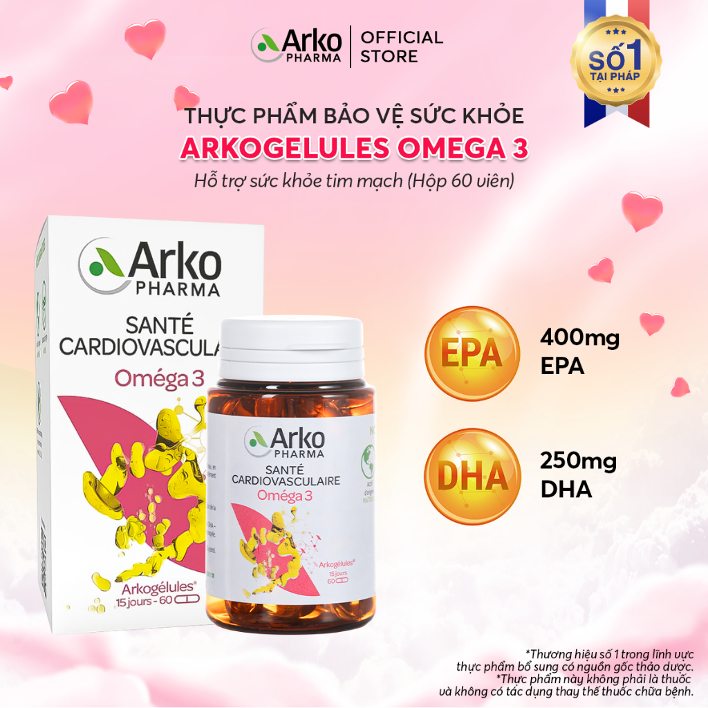 TPBVSK Arkopharma ARKOGELULES OMEGA 3 - Viên uống Omega 3 hỗ trợ tăng cường sức khỏe tim mạch (hộp 60 viên)