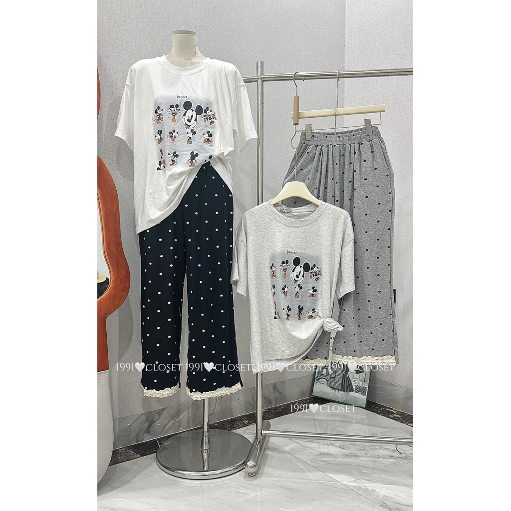 Set Áo Thun In Hình Mickey Kèm Quần Chấm Bi HT • Melanie Boutique