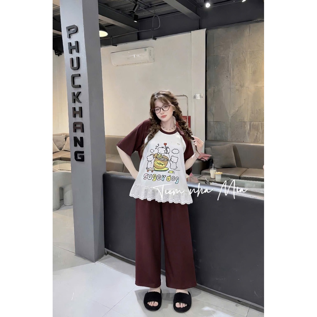 Set Áo Thun In Hình Phối Thô Bèo Kèm Quần Suông HT • Melanie Boutique