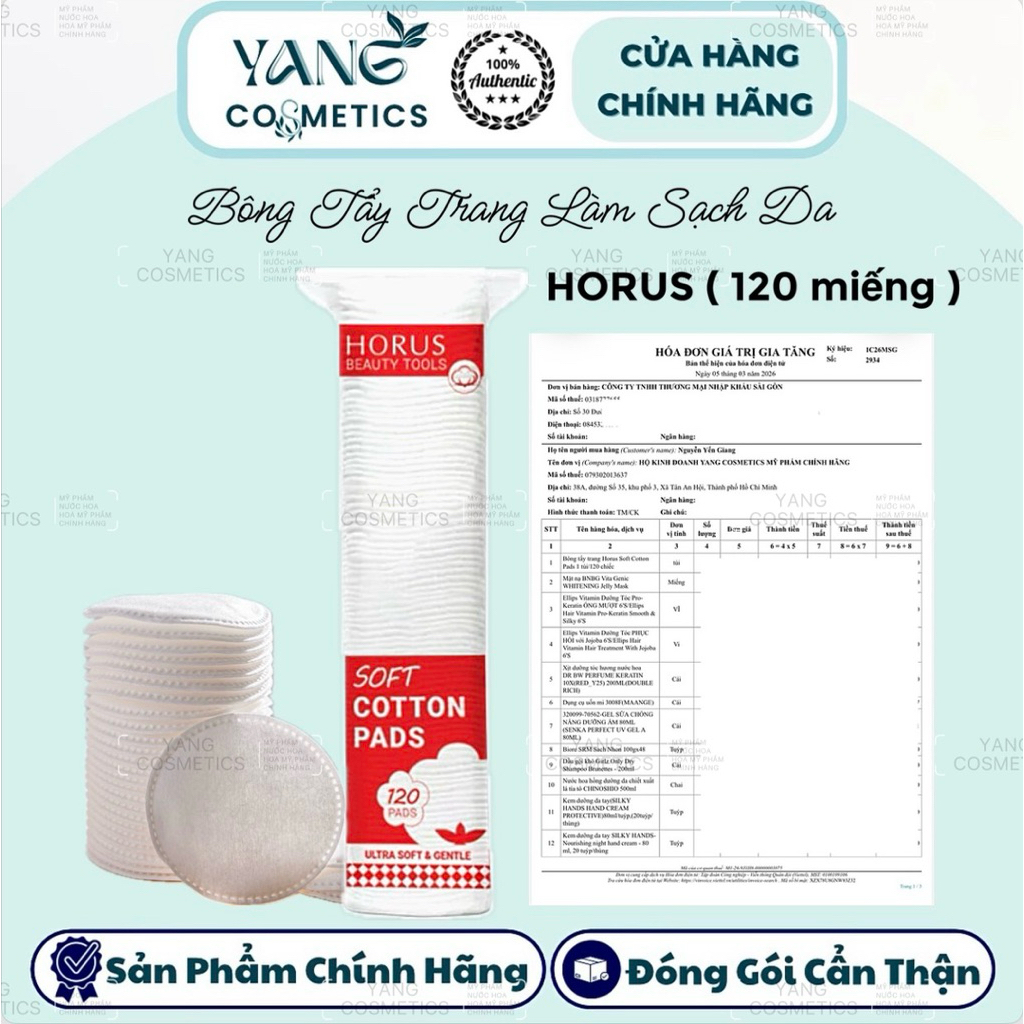 Bông Tẩy Trang Horus 100% Cotton Pads 120 Miếng bông tròn bo viền - HORUS HÀNG CTY VAT