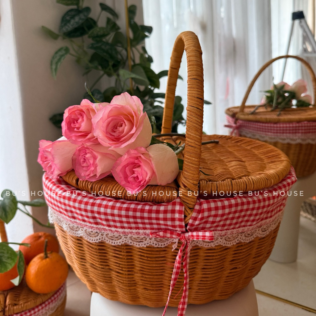 [Size Lớn] Giỏ mây picnic size lớn có nắp đậy- phụ kiện chụp ảnh dã ngoại, noel, decor tết