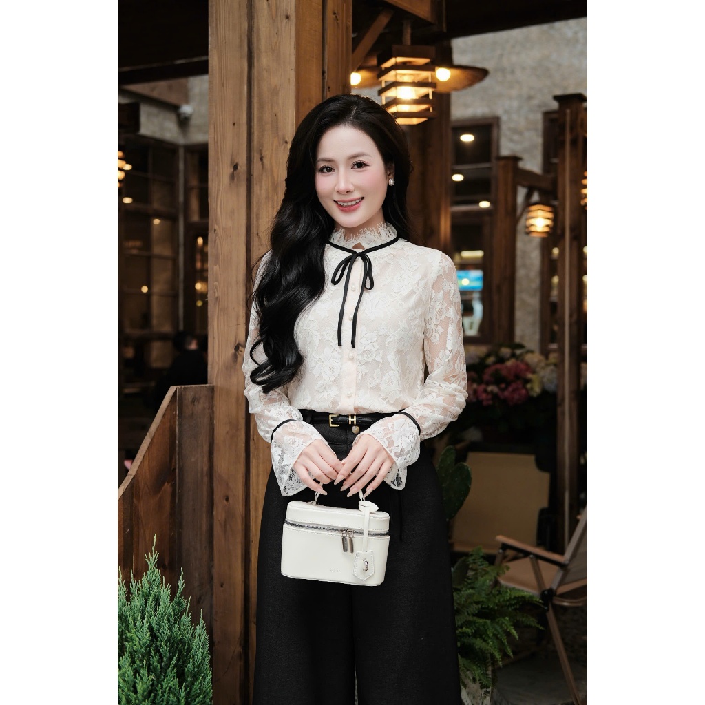 Áo sơ mi ren Nhật cổ bèo phối dây nơ đen buộc nơ tay loe phong cách tiểu thư HERIN - AS02